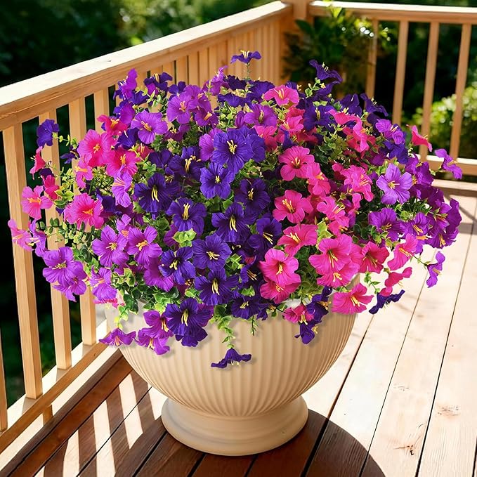 INQCMY Artificial Flowers for Outdoors Fake Plants Spring Decoration, 12 Bundles Faux Petunias UV Resistant No Fade Realistic Silk Flower for Outside Planters Patio Porch Yard Window Box INQCMYPlantRack