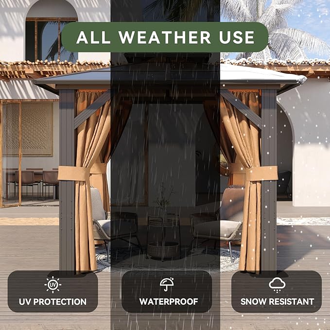 Aoxun 8'x8' Hardtop Gazebo, Aluminum Frame Permanent Pavilion with Curtains and Netting, Outdoor Polycarbonate Double Roof Canopy, Designed for Garden, Lawns, Patio, Brown Aoxun