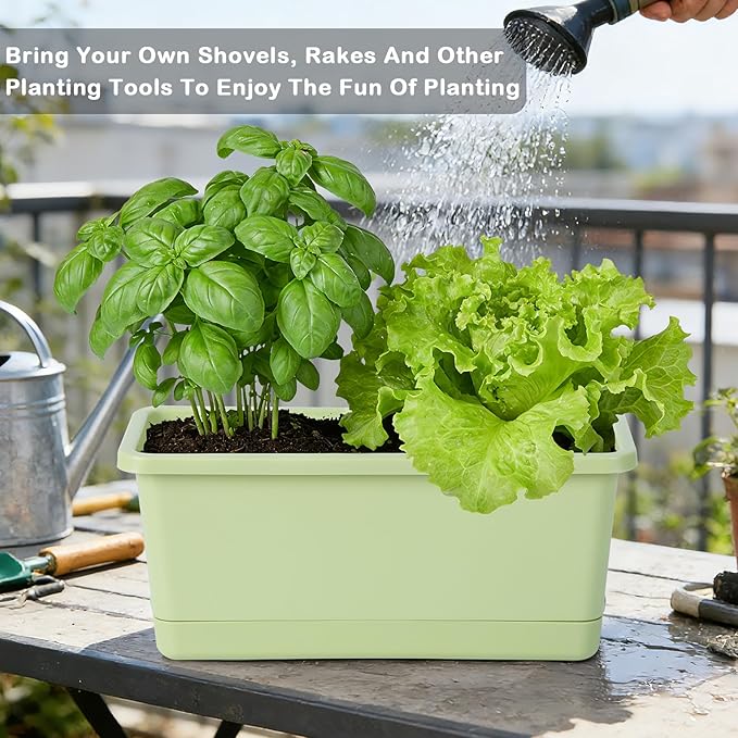 Window Box Planter 6 Packs, 13.8 Inches Rectangle Flower Pots with Drainage Holes & Trays, Pots for Vegetables, Herbs, Flowers, Garden Windowsill Balcony (Green) Oliz