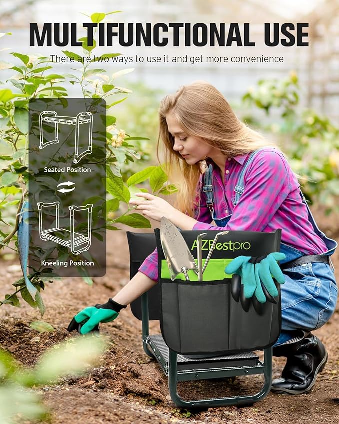 Garden Kneeler and Seat Heavy Duty, Upgraded Foldable Gardening Stool - Widened to 10" Stable Wear-resistant Prevent Knee and Back Pain, Beautiful Logo high-end 2 Large Tool Bags Gift for Women AZBestPro