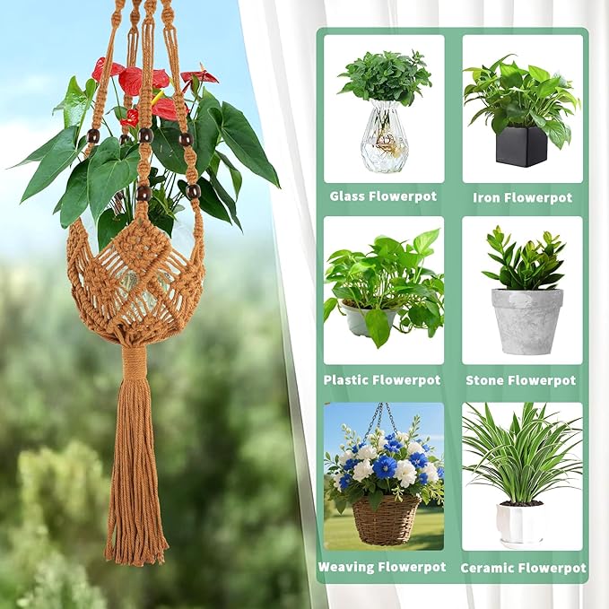 Augshy Jute Crochet Macrame Plant Hangers with Hooks, 2 Pack 35 Inch Natural Cotton Boho Indoor Outdoor Brown Planter Hanging Holder for Ceiling Balcony Porch Home Decor Augshy