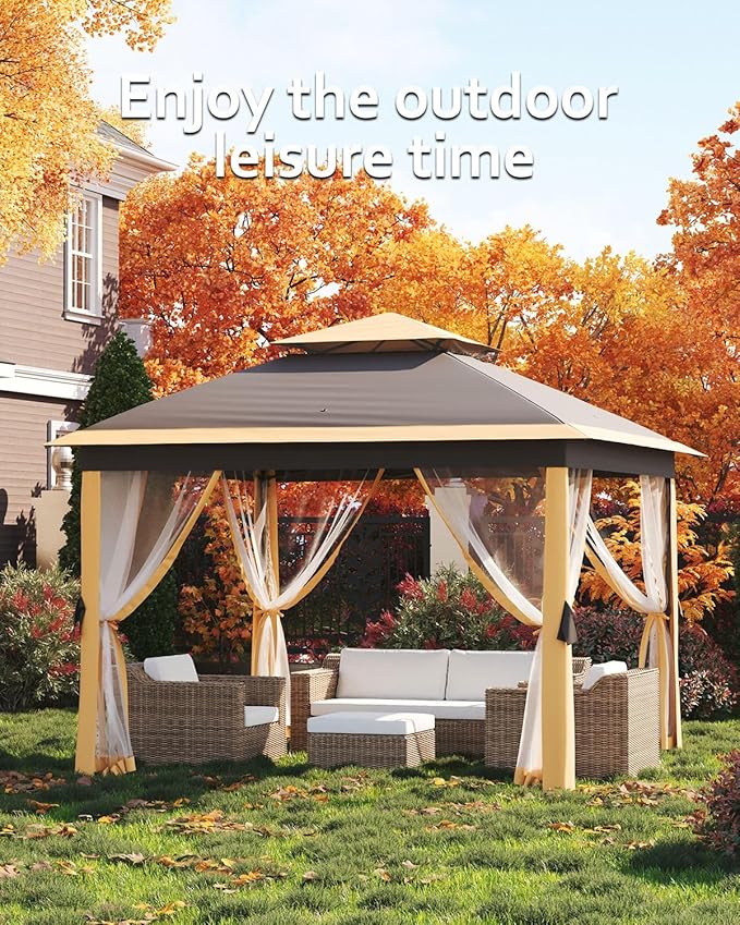 Garveelife 11x11 Pop Up Gazebo Tent with Mosquito Netting, Outdoor Canopy Shelter Easy Setup, Water & UV Resistant - Khaki GarveeLife