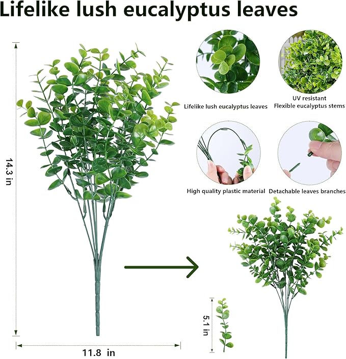 Artificial Faux Outdoor Plants for Spring Summer Decoration, 12 Bundles Fake Plastic Eucalyptus UV Resistant Look Real Fake Plants for Planter Outside Front Door Porch Patio Balcony Garden Indoor Yard Ivydale