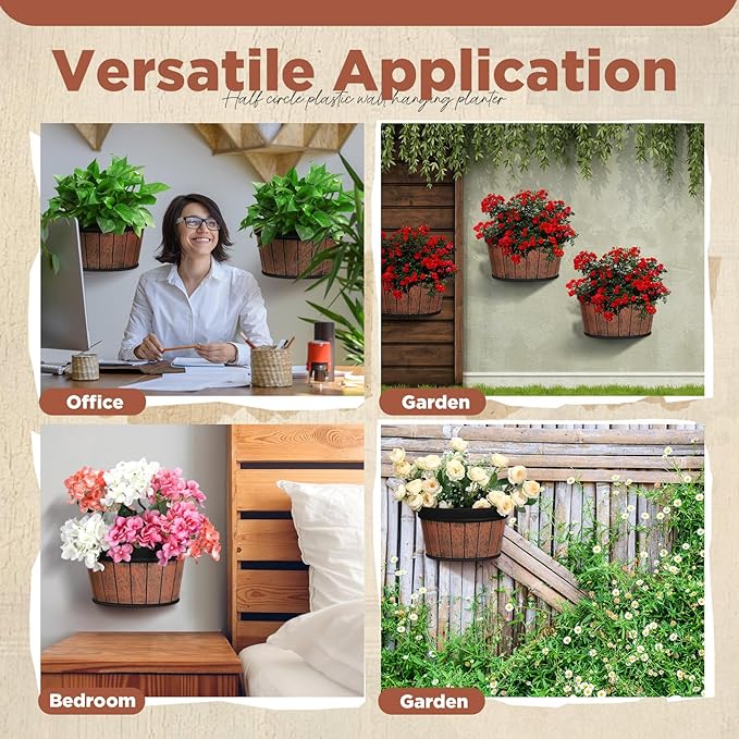 Layhit 6 Pcs Wall Hanging Planters Outdoor Pot Planter Wine Barrel Planter Distressed Oak Thickened Plastic Water Storage Flower Pots for Flower Indoor Outdoor(13.78 Inches,Brown) ShungLan