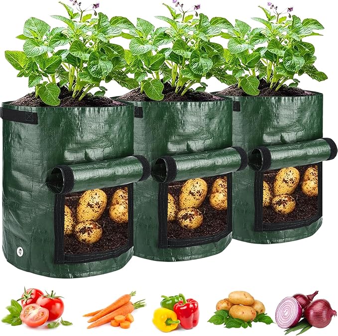 JJGoo Potato Grow Bags, 3 Pack 10 Gallon with Flap and Handles Planter Pots for Onion, Fruits, Tomato, Carrot - Green JJGoo