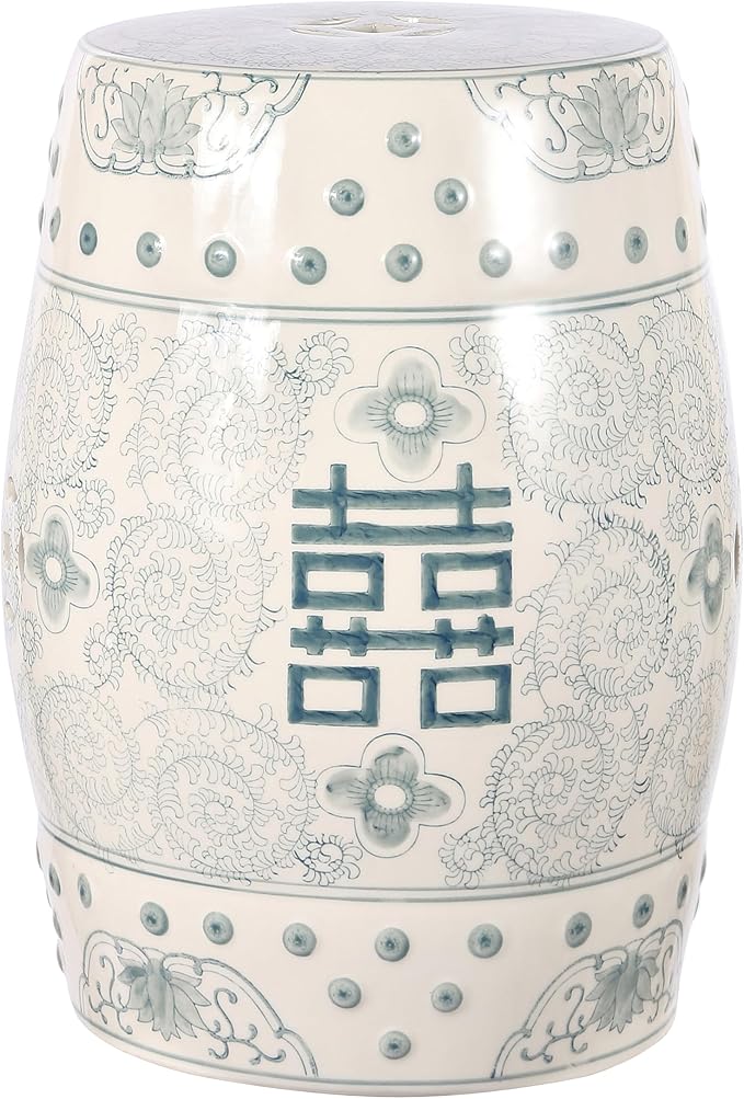JONATHAN Y TBL1013C Double Happiness 18" Chinoiserie Ceramic Drum Indoor/Outdoor Garden Stool Bohemian, Coastal, Classic, Cottage, Traditional, Patio, Garden, Bathroom, Living Room, Gray Blue/White JONATHANY