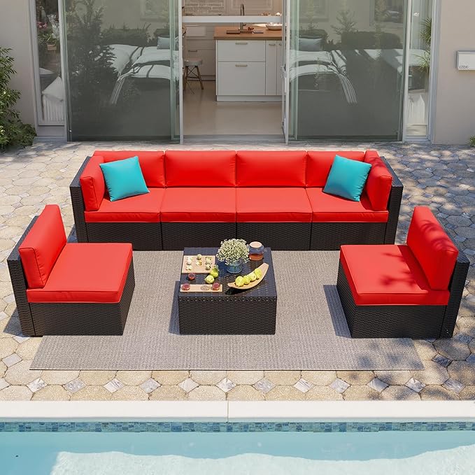 Shintenchi 7 Pieces Patio Furniture Sets Outdoor All-Weather Sectional Patio Sofa Set PE Rattan Manual Weaving Wicker Patio Conversation Set with Glass Table&Ottoman Cushion and Red Pillows, Red Shintenchi