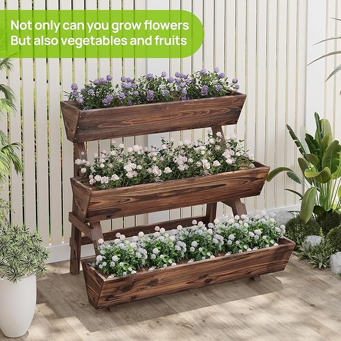 3-Tiers Wooden Raised Garden BedPlanter Box Gardening Outdoor Planter Box Patio Kit Tiered Planter Box Vertical Garden Planter Wood Plant Stand for Patio, Balcony, Freestanding (Carbonized L) Dawnyard