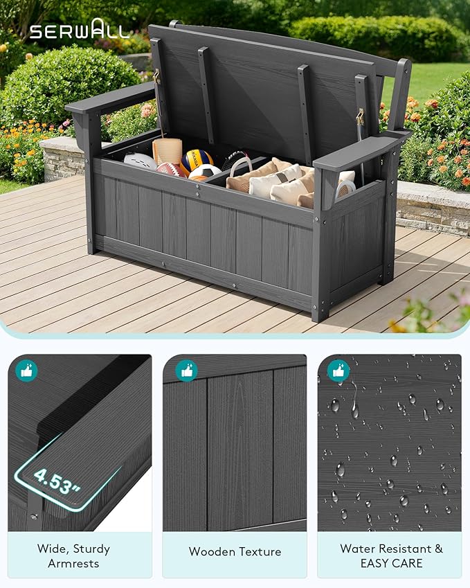 SERWALL HDPE Outdoor Storage Bench, All-Weather, UV-Resistant Deck Box with Waterproof Storage Bags, 57 Gallon Dual-Use Seat & Organizer Deck Boxes for Patio, Garden Tools & Pool (Gray) SERWALL