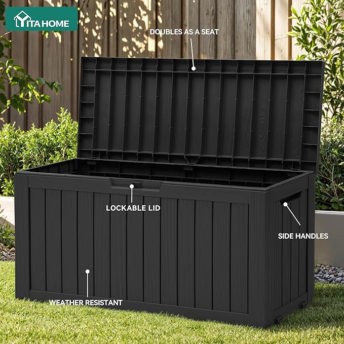 YITAHOME 72 Gallon Outdoor Resin Deck Box with Wheels, Pool Storage Box for Outdoor Cushions, Sports Equipment, Garden Tools, Black YITAHOME