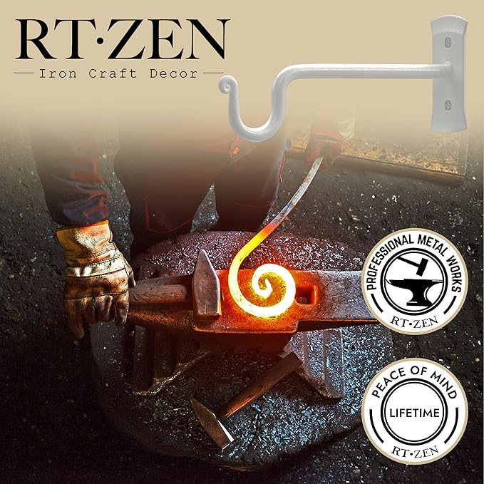 RTZEN Plant Hangers Indoor or Outdoor - Wrought Iron Metal Hanger Indoor Hook - Heavy Duty Wall Bracket Hooks for Hanging Plants Baskets Lanterns Wind Chimes - 2 Pack (White Shepherds Hooks 7.5") RTZEN