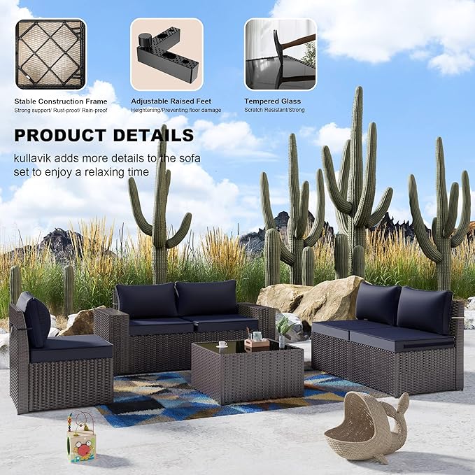 Kullavik 9 Pieces Outdoor Patio Furniture Set,PE Wicker Rattan Sectional Sofa Patio Conversation Sets with Swivel Rocking Chairs Set,Navy Blue KULLAVIK