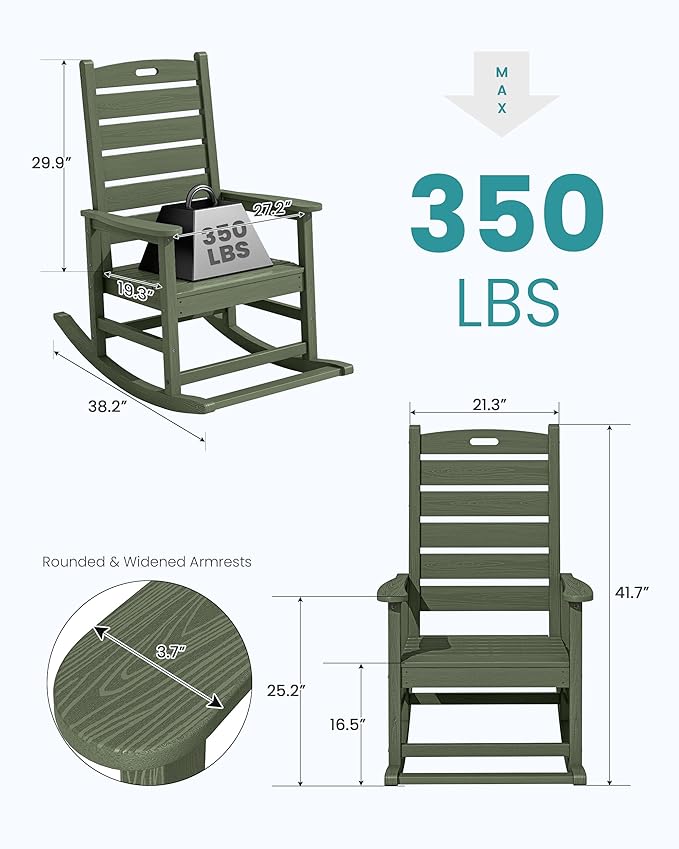 SERWALL Outdoor Rocking Chair Set of 4, Oversized HDPE Patio Rocking Chair with Footrest for Adults, All Weather Porch Rocker for Deck Patio Balcony, Avocado Green SERWALL