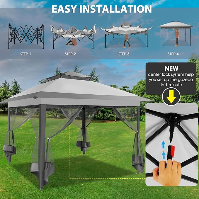 COBIZI 11x11 Pop Up Gazebo One-Push Canopy Tent, Carpas Para Patio, Outdoor Canopy Shelter with Double Roof Ventiation 121 Square Feet of Shade for Lawn, Garden, Backyard and Deck, Gray (Upgraded 2.0) COBIZI