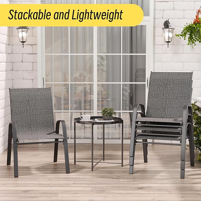 Betterhood Patio Chairs Set of 4, Stackable Outdoor Dining Chairs Set with Breathable Seat Fabric, All-Weather Powder-Coated Metal Frame for Deck, Pool Side and Backyard, 350LBS Capacity (Grey) Betterhood