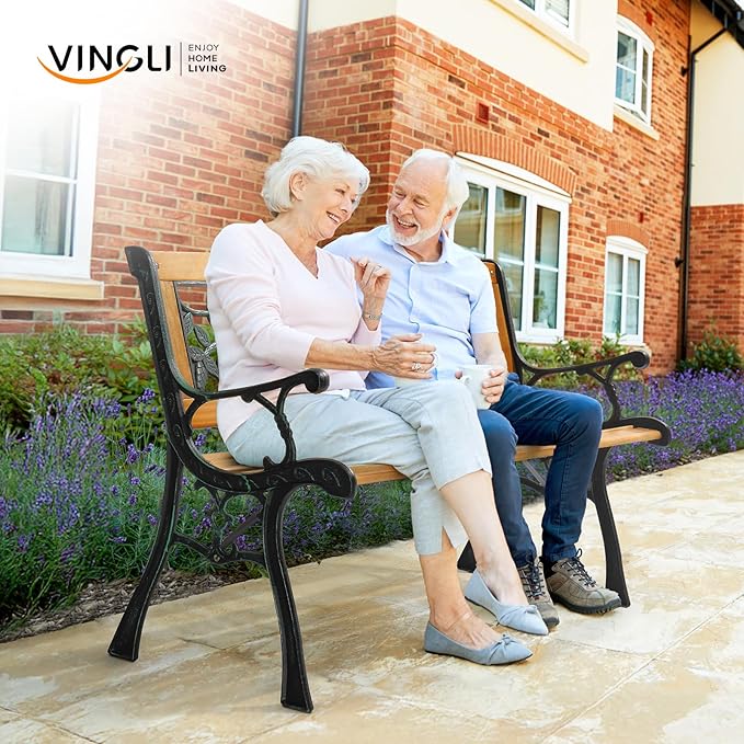 VINGLI Outdoor Bench Metal Garden Bench, Wood Patio Benches w/PVC Backrest Cast Iron Love Seat Park Benches for Porch Yard (Rose) VINGLI