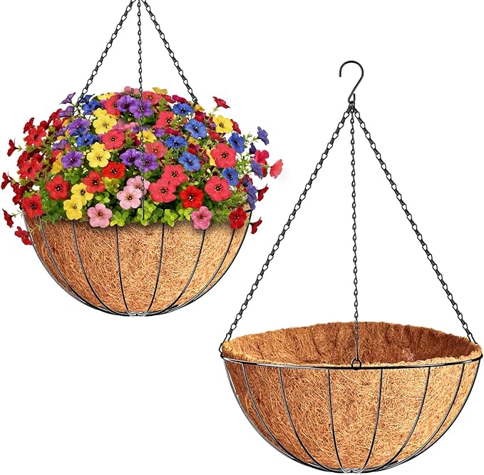 ZeeDix 2 Pack 18 Inch Large Hanging Baskets for Plants Outdoor with Coconut Liners Replacement, Hanging planters Baskets with Natural Coco Liner for Outdoor Indoor Planters Flowers Vegetables ZeeDix