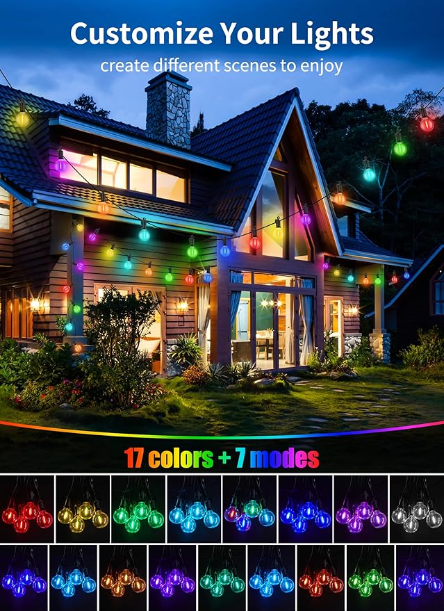 Brightown RGBW Outdoor String Lights, 58FT LED Patio Lights with Remote and Timer, Commercial Grade Waterproof Hanging Lights with 27 Shatterproof Bulbs(2 Spare) for Backyard Porch Garden Party Decor Brightown