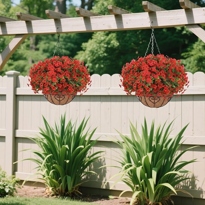 Artificial Hanging Flower for Outdoors, Fake Hanging Basket for Outside,1 Hanging Basket with 13 Pcs Faux Silk Flowers for Porch, Balcony and Patio Decor(Red) LetuoClipsClipsandHooks