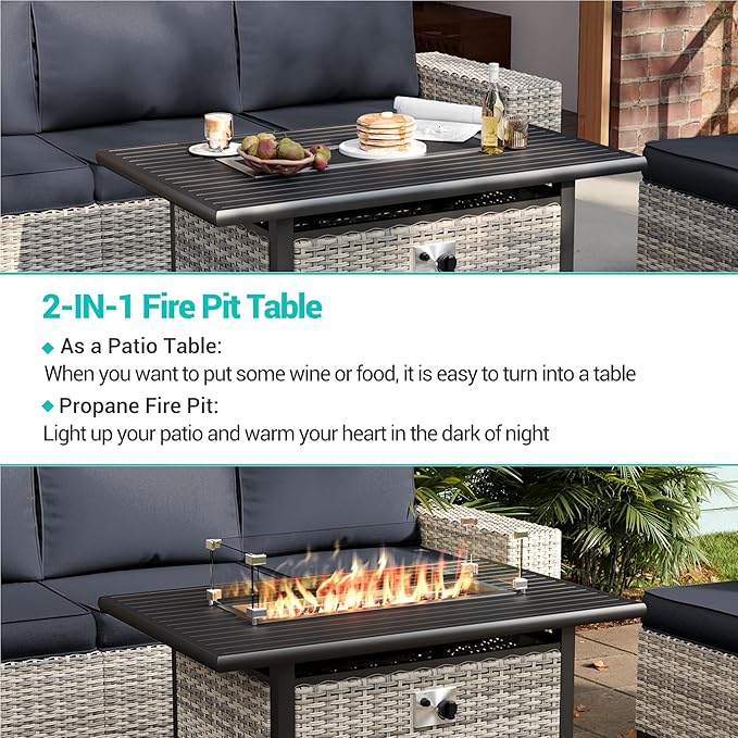 16-Piece Outdoor Patio Furniture Set with Rocking Swivel Chair, PE Wicker Rattan Sectional Sofa Patio Conversation Set with 55,000 BTU Fire Pit Table & Coffee Table, Dark Grey MuphyersPatioFurniture