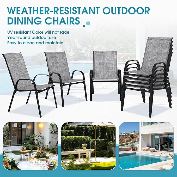 Outdoor Stackable Chairs Set of 8, Stacking Patio Chairs with Textilene Fabric, Outside Furniture for Garden Backyard Balconie Poolside Deck, Grey Villeston