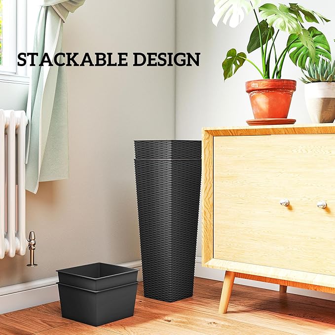 Outsunny 23.6 Inch Tall Planters for Outdoor Plants, Set of 2 Plastic Rattan-Like Flower Pots with Drainage Holes, Stackable Tapered Planters for Indoor Plants, Front Porch, Black Outsunny