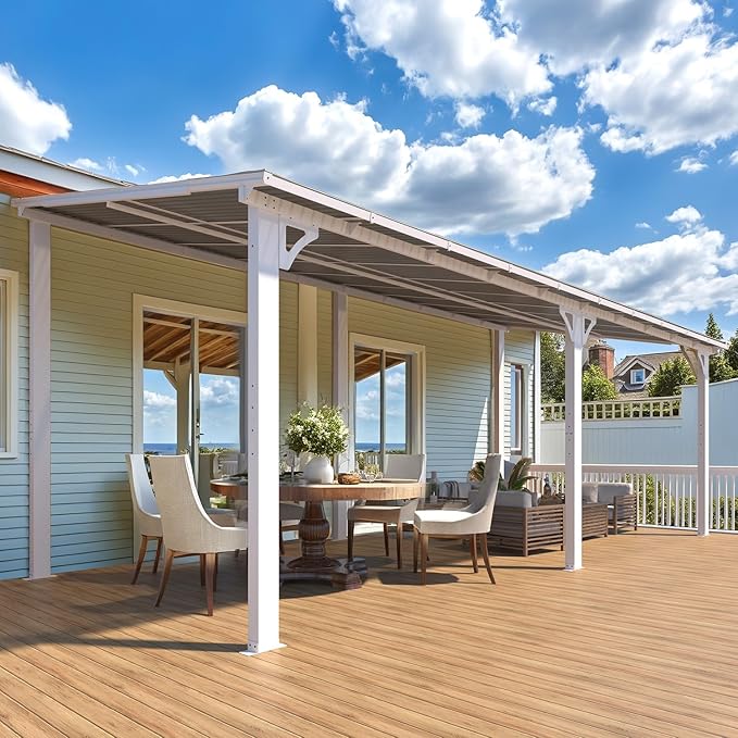 AECOJOY 20' x 8' White Outdoor Gazebo for Patio, Large Wall-Mounted Hard Top 8x20 Lean to Metal Gazebo Shelter Pergolas and Gazebos Clearance with Patio Roof, Heavy Duty Awnings for Patio, Decks AECOJOY