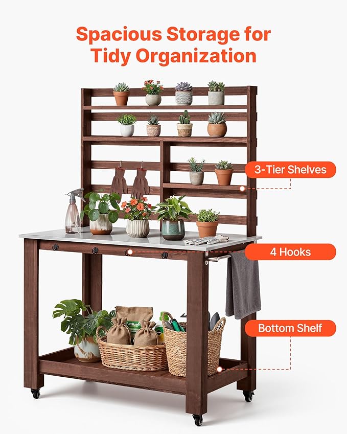 VEVOR Potting Bench Table, Outdoor Gardening Workstation with 45 x 26 in Stainless Steel Tabletop, Storage Shelves, 4 Casters, Hooks, Garden Planting Work Station for Outside Patio, Backyard, Brown VEVOR