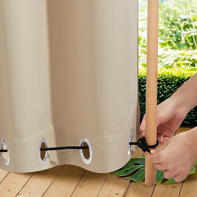 NICETOWN 2 Panels Outdoor Patio Curtains W100 x L84, Waterproof & Windproof Extra Wide Grommet & Back Tab on Top & Bottom Thermal Insulated Sun Blocking Drapes with Rope for Deck, Biscotti Beige NICETOWN