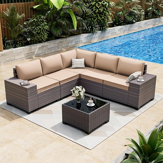 ALAULM 6 Pieces Patio Furniture Set, Oversized Seat/Armrest and High Back Wicker Sectional Furniture Set with Thick Cushion for Backyard, Garden, Sand ALAULM