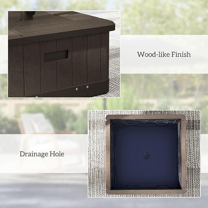Outsunny 3-in-1 Outdoor Umbrella Base, Coffee End Table, Planter Box with Drain Hole, 175 lbs. Capacity Heavy Duty Fillable Patio Umbrella Stand Table with Wheels and Handles for Deck, Poolside, Brown Outsunny