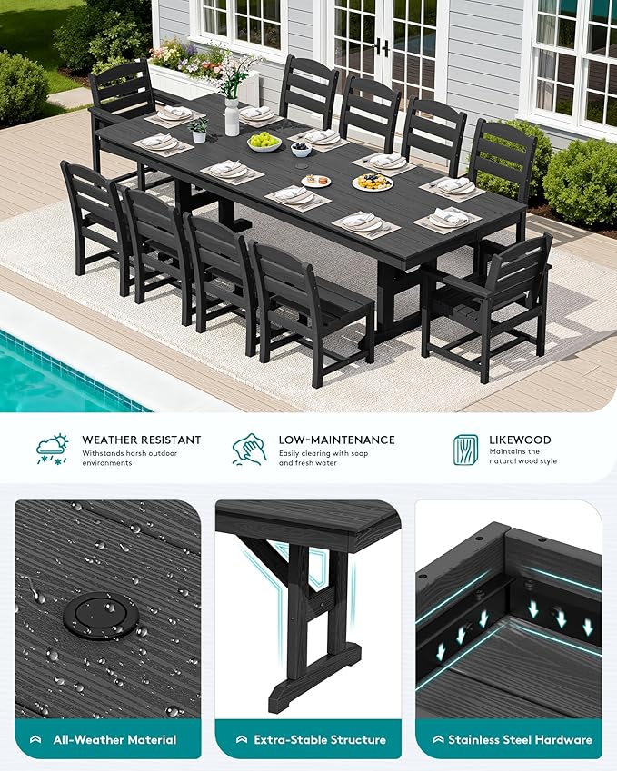 SERWALL 11 Piece Outdoor Dining Set, 84" HDPE Outdoor Table and Chairs for 10，All Weather Patio Furniture Set with Umbrella Hole for Backyard, Garden, Black SERWALL