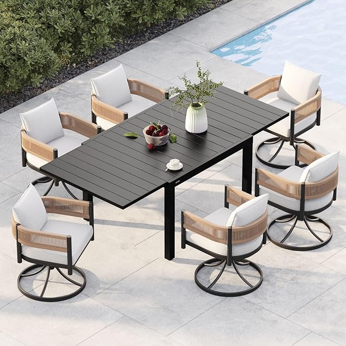Grand patio 7-Piece Outdoor Dining Set for 6 with 1 Rectangle Expandable Table for 4-6 Person, Metal Woven Wicker Swivel Patio Chairs with Thickened Cushions for Yard, Poolside, Deck (Natural) GrandPatio