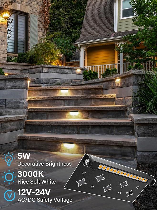 5W Retaining Wall Lights,7 inch LED Hardscape Lighting Low Voltage Landscape Paver Lights 12V 24V Step Lights Outdoor IP66 Waterproof 3000K Soft White Stair Deck Lighting (8 Pack+Connectors) DOREIO