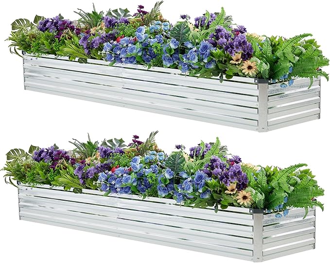2 Pack 6x1.5x1FT Galvanized Raised Garden Bed Kit, Outdoor Metal Planter Box for Vegetables, Bottomless Rectangular Gardening Bed with Support Rods, Tool-Free Assembly, Silver Meberam