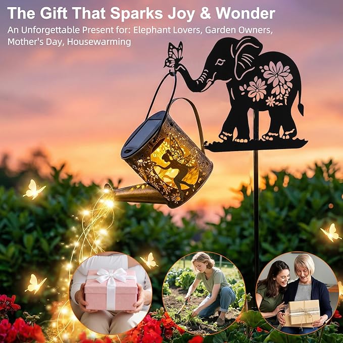 Solar Watering Can Lights Outdoor Decor with Elephant Stake & Fairy Silhouettes, Cascading String Lights for Garden, Patio, Yard - Waterproof Solar Powered Gift for Mom, Housewarming, Birthday Tremdwoto