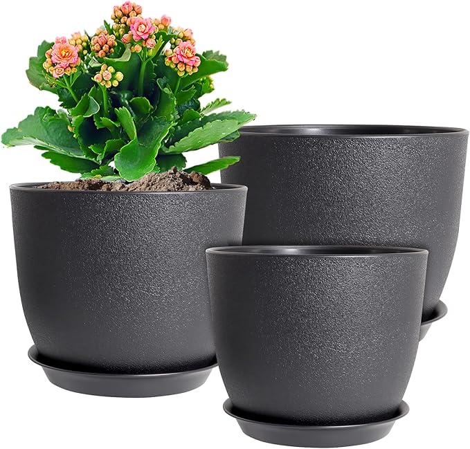 12/10/9 inch Big Flower Pots, 3 Pack Modern Decorative Plastic Planters with Drainage Holes and Tray, Plant Pots for Indoor Outdoor Plants, Black WSMKSZ