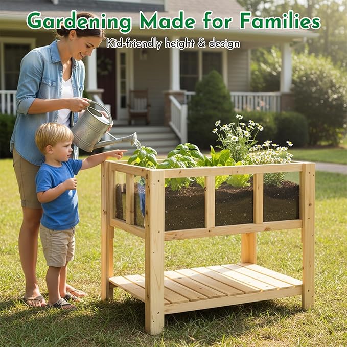 Raised Garden Bed with Transparent Acrylic Side Panels, Elevated Wooden Planter Box with Shelf for Vegetables, Herbs & Flowers,Outdoor Raised Garden Planter for Patio, Balcony & Backyard Ketive