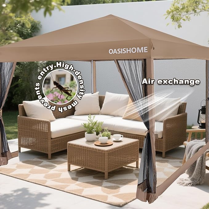 OASISHOME 10'x10' Pop-Up Gazebo Canopy Tent with Netting Sidewalls & Wheeled Bag,Weight Bag, Stakes, Ropes, Waterproof, UV Protection, Heavy-Duty Steel Frame for Backyard/Outdoor/Parties (Khaki) OASISHOME