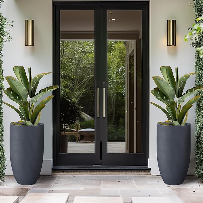 Kante 24 Inch Tall Round Concrete Planter, 2 Pack Large Indoor Outdoor Plant Pots with Drainage Hole and Rubber Plug, Modern Decorative Garden Pots for Home Patio Porch, Charcoal Kante
