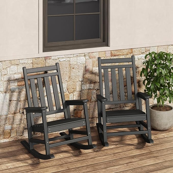 HDPE Rocking Chair Outdoor Set of 2 - Poly High Back Porch Rocker Chairs for Adults - All Weather Resistant Furniture for Patio Front Porch - Black Garvee