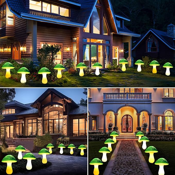 Solar Mushroom Lights Garden Decor 8 Green Crack Mushrooms Outdoor Decor Stake Lights Waterproof Solar Pathway Light Gardening Gifts for St Patrick's Day Easter Gnomes Yard Halloween Xmas Decorations Viewpick