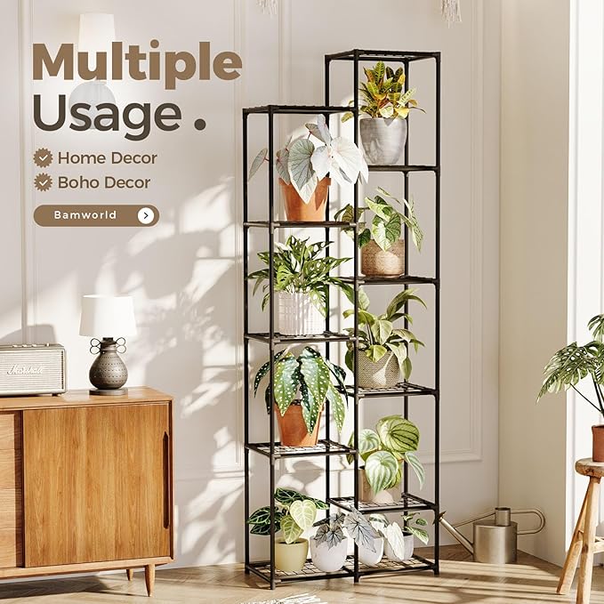 Bamworld Plant Stand Indoor Outdoor 11 Tire Tall Large Metal Plant Shelf Multi Tier Flower Stands Garden Shelves Wooden Plant Display Holder Rack for Living Room Corner Bamworld