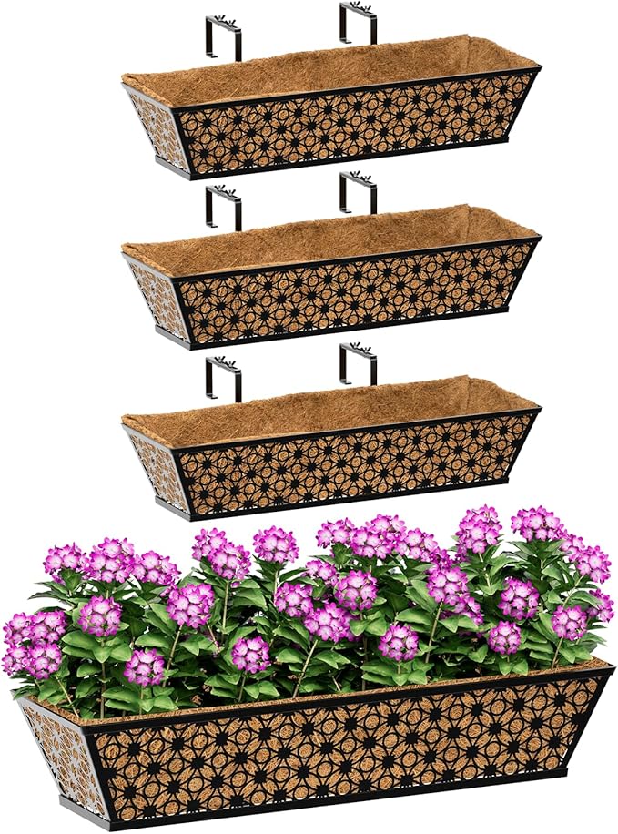 SPECILITE 24" Window Boxes Planters, Heavy Duty Metal Railing Planter Boxes, Adjustable Balcony Planters for Railing Hanging, with Coco Liner & Tool Set for Deck, Porch, and Patio Gardening (4 Pack) SPECILITE