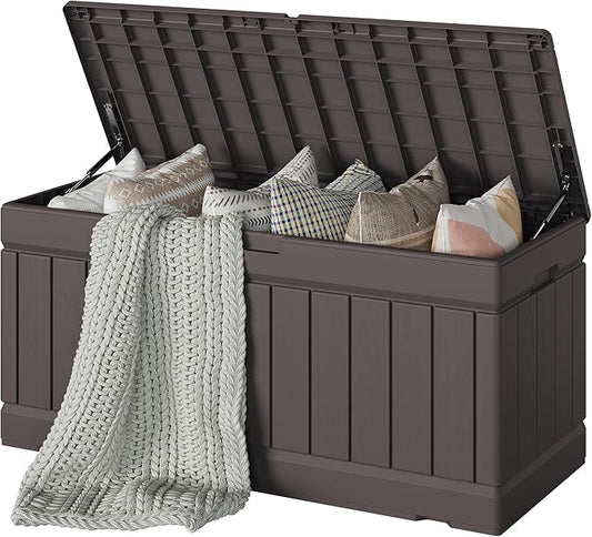 Devoko 78 Gallon Deck Box, Waterproof Resin Outdoor Storage Box for Outside and Patio, Outdoor Storage Bench Lockable for Patio Furniture, Garden Tools and Pool Supplies (Brown, 78 Gallon) DEVOKO