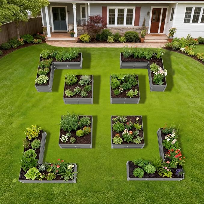 A ANLEOLIFE Set of 8,18 Inch Tall Quartz Grey Raised Garden Beds Kit, L-Shaped & Square Metal Planters –Ideal for Structured Backyard Layouts. AAnleolife