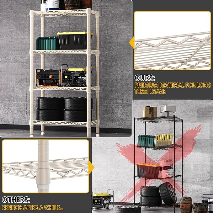 1000 lbs 4-Shelf Standing Storage Shelves Heavy Duty Metal Shelving Unit Adjustable Wire Rack for Office Garage Kitchen, Light Tan 11.8 D x 23.6" W x 47.5" H MEIGAOPLASTICANDMETALHKCOLIMITED