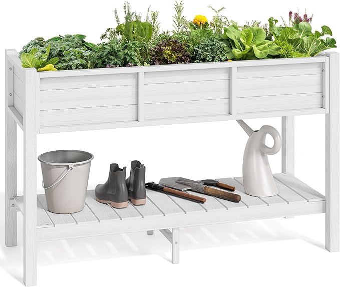 YITAHOME 48x18x30in Raised Garden Bed HDPE, Weather-Resistant Poly Lumber Planter Box with Legs & Storage Shelf, Elevated Garden Bed for Yard, Garden, Balcony - White YITAHOME