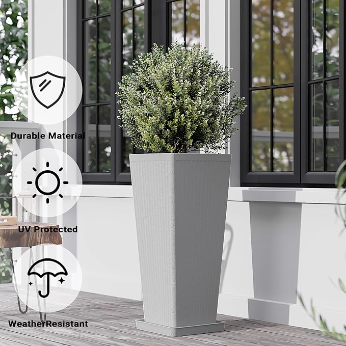 Tall Planters for Outdoor Plants Set of 2, 23.6" Large Taper Flower Plant Pots with Drainage Hole and Drainage Trays, Weather-Resistant Plastic planters for Patio, Porch, Garden, Grey Rootora