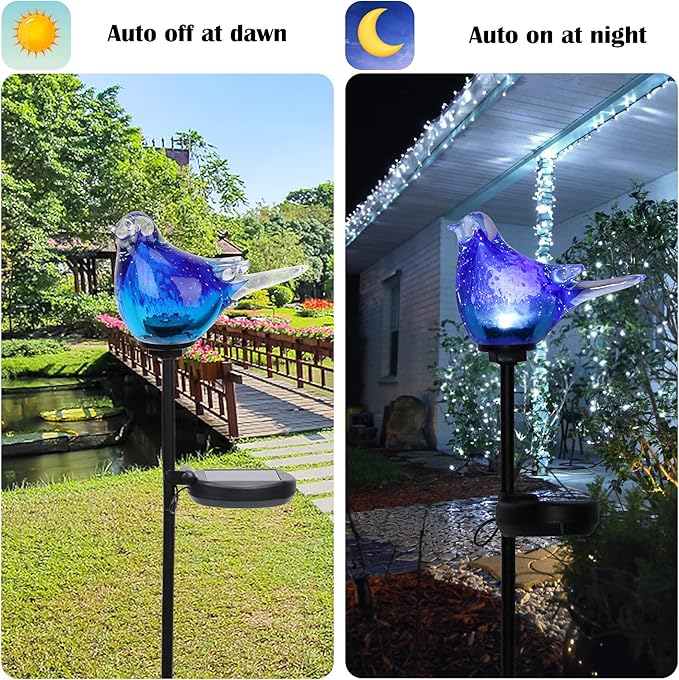 Afirst Solar Bluebird Garden Stake Lights - Hand Blown Glass Decorative Garden Pathway Lights Outdoor Waterproof Bird Glass Stakes Afirst